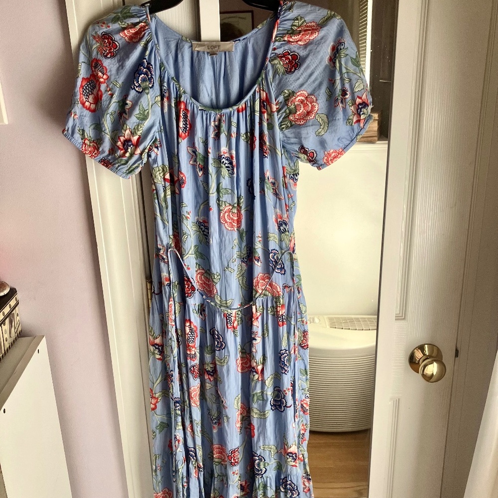 Loft Floral Tie Waist Tiered Midi Dress